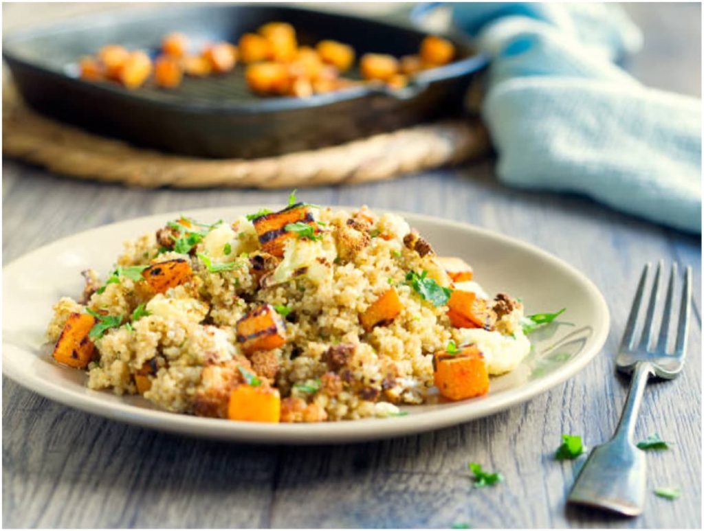 Recipes-with-Nadia-Coetzee-Nutritionist-Root-Your-Health-Perth-Christmas Roasted Orange vegetables with chickpeas, Chermoula and Millet